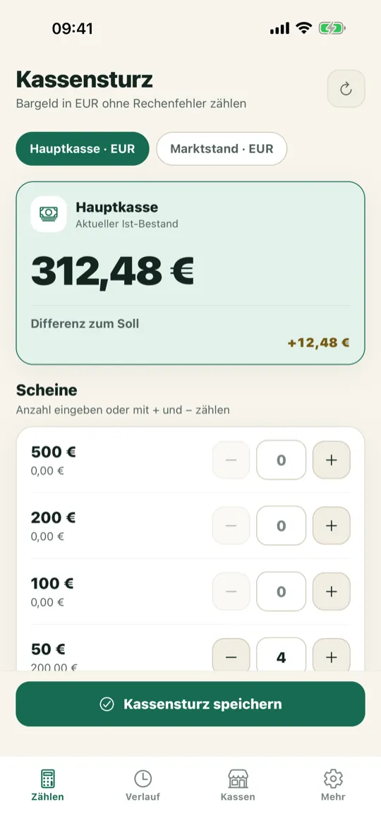 Kassensturz: Zählansicht der Hauptkasse mit 312,48 € Gesamtsumme und Scheinen nach Stückelung