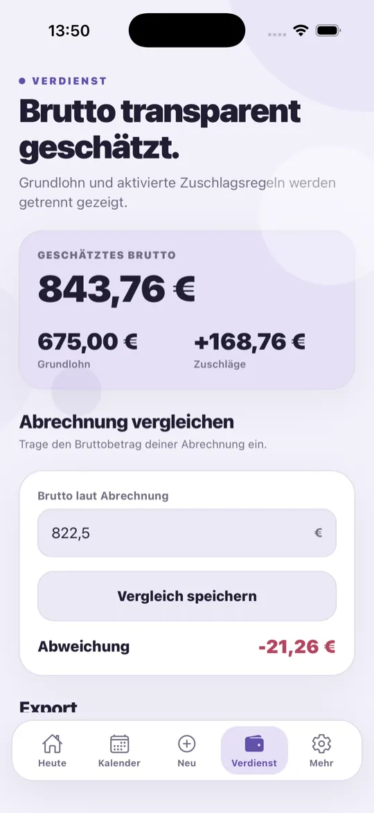 Schichtklar: „Brutto transparent geschätzt“ mit 843,76 € und Vergleich mit der Abrechnung