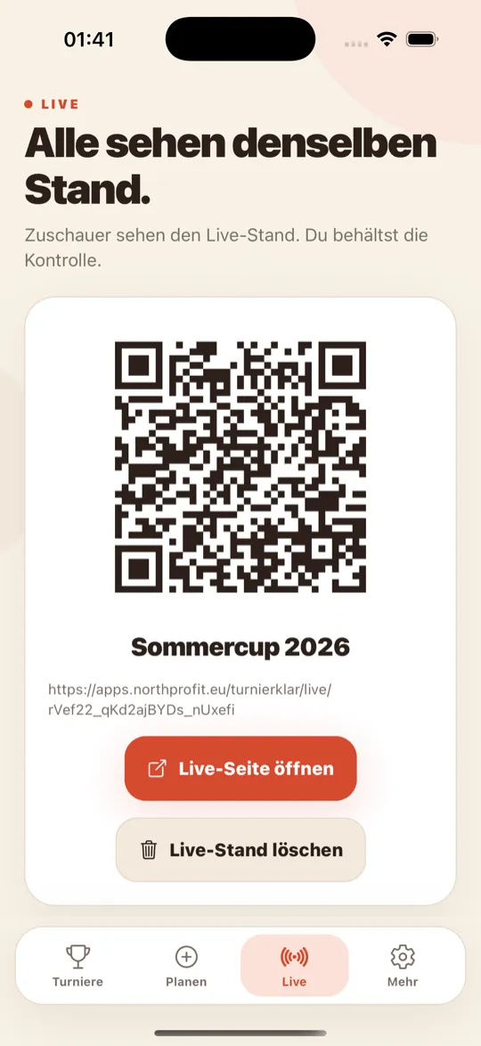 Turnierklar: Live-Stand „Alle sehen denselben Stand“ mit QR-Code für Zuschauer ohne App